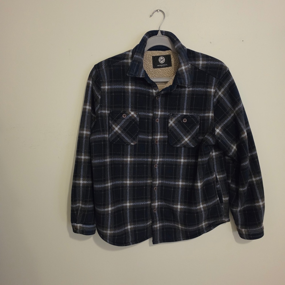 Weatherproof Fleece Shirt Jacket Mens XXL Blue Plaid Sherpa Lined Shacket